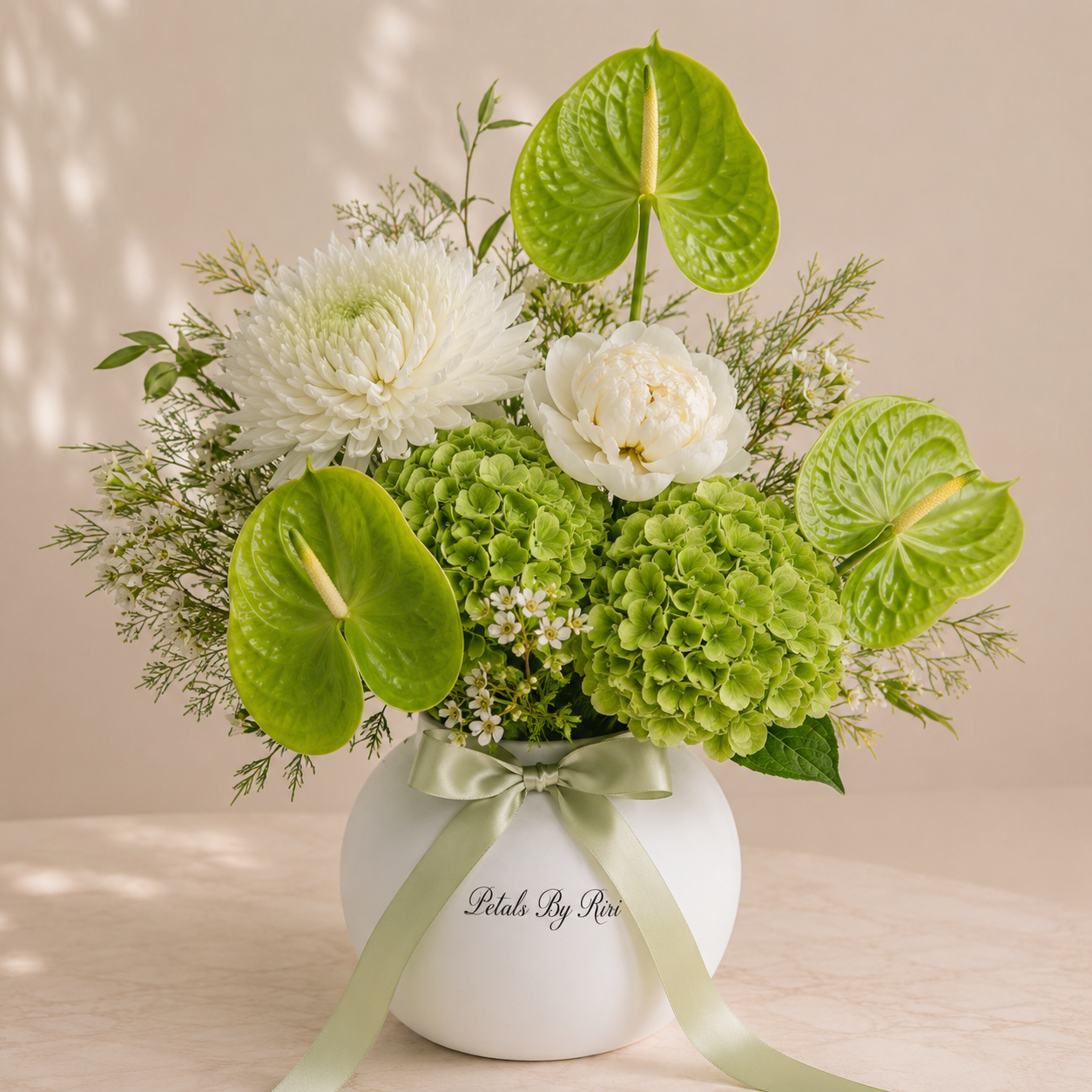 Jade Élite luxury green and white floral arrangement – Petals by Riri Dubai
