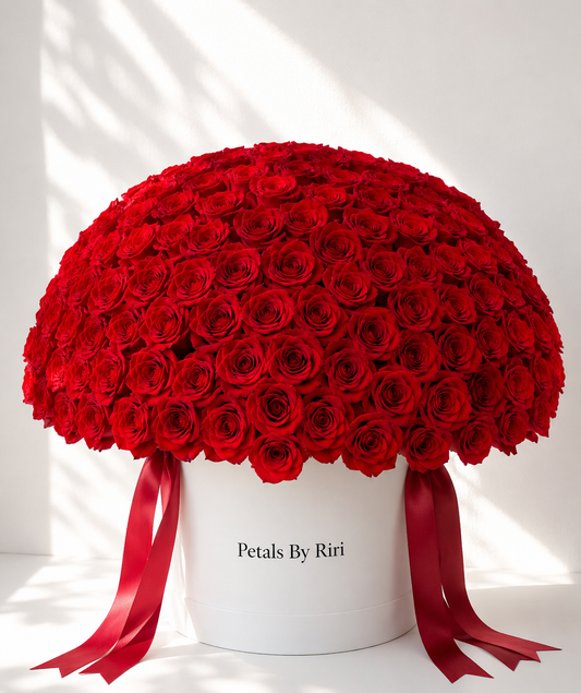 365 red roses luxury hatbox arrangement – Petals by Riri Dubai