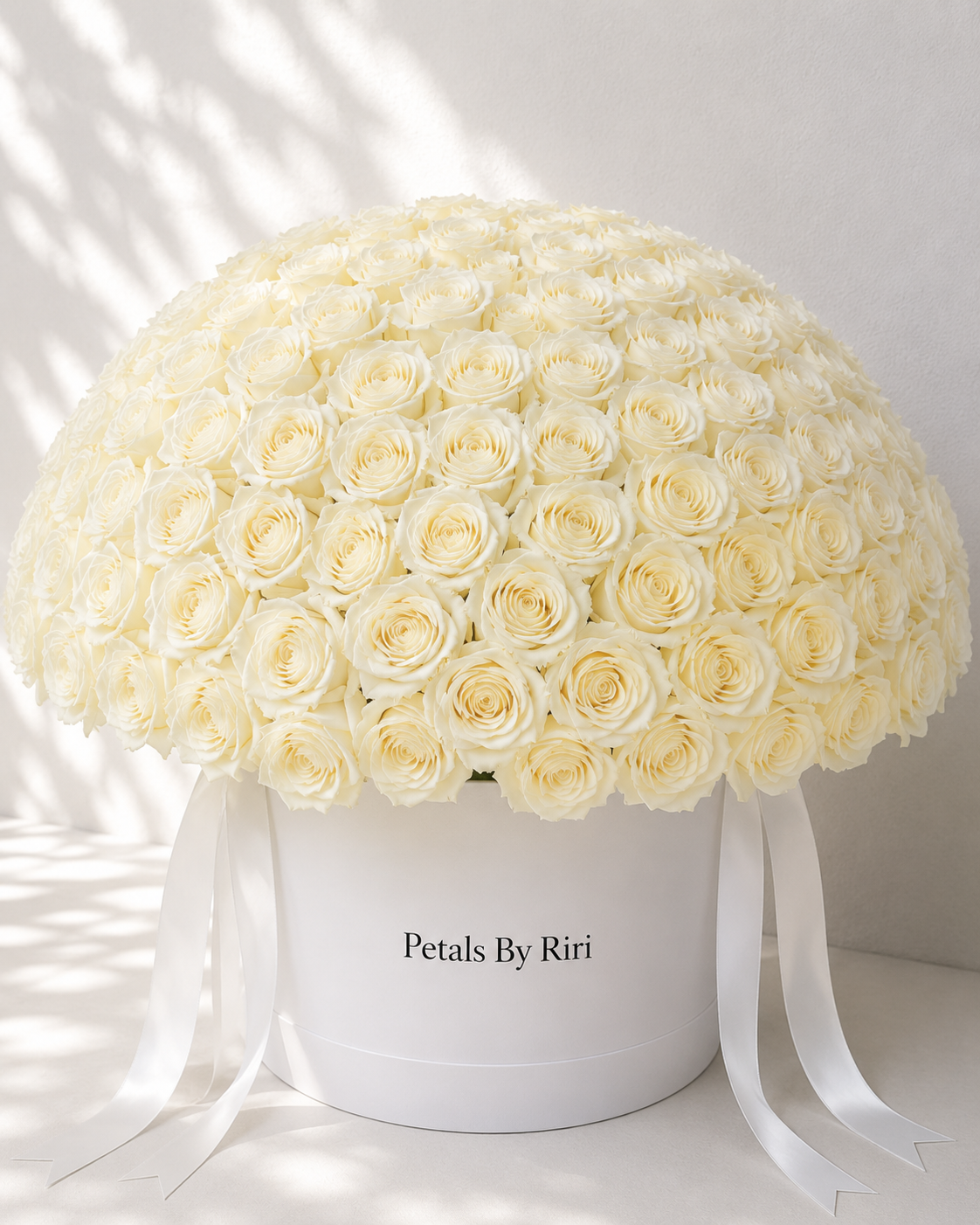 365 white roses luxury hatbox arrangement – Petals by Riri Dubai