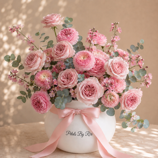 Belle Rosé luxury pink rose and ranunculus vase arrangement – Petals by Riri Dubai