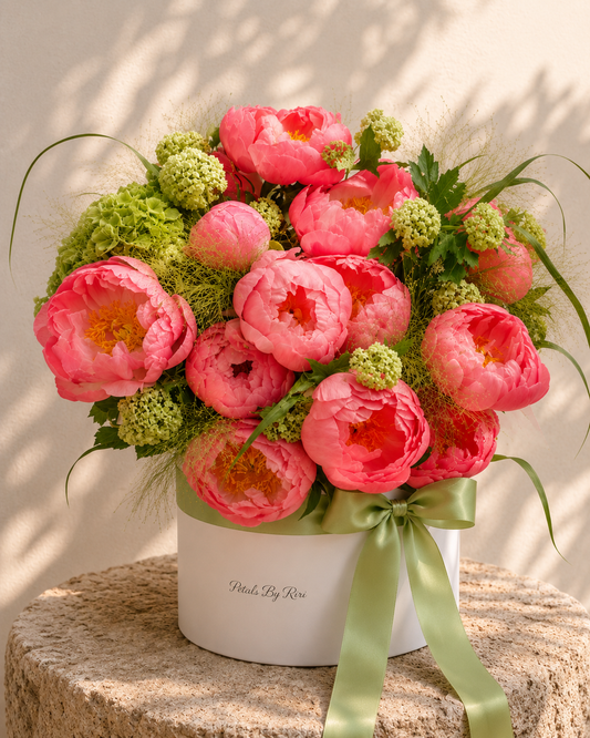Eden Garden luxury green and floral hatbox arrangement – Petals by Riri Dubai