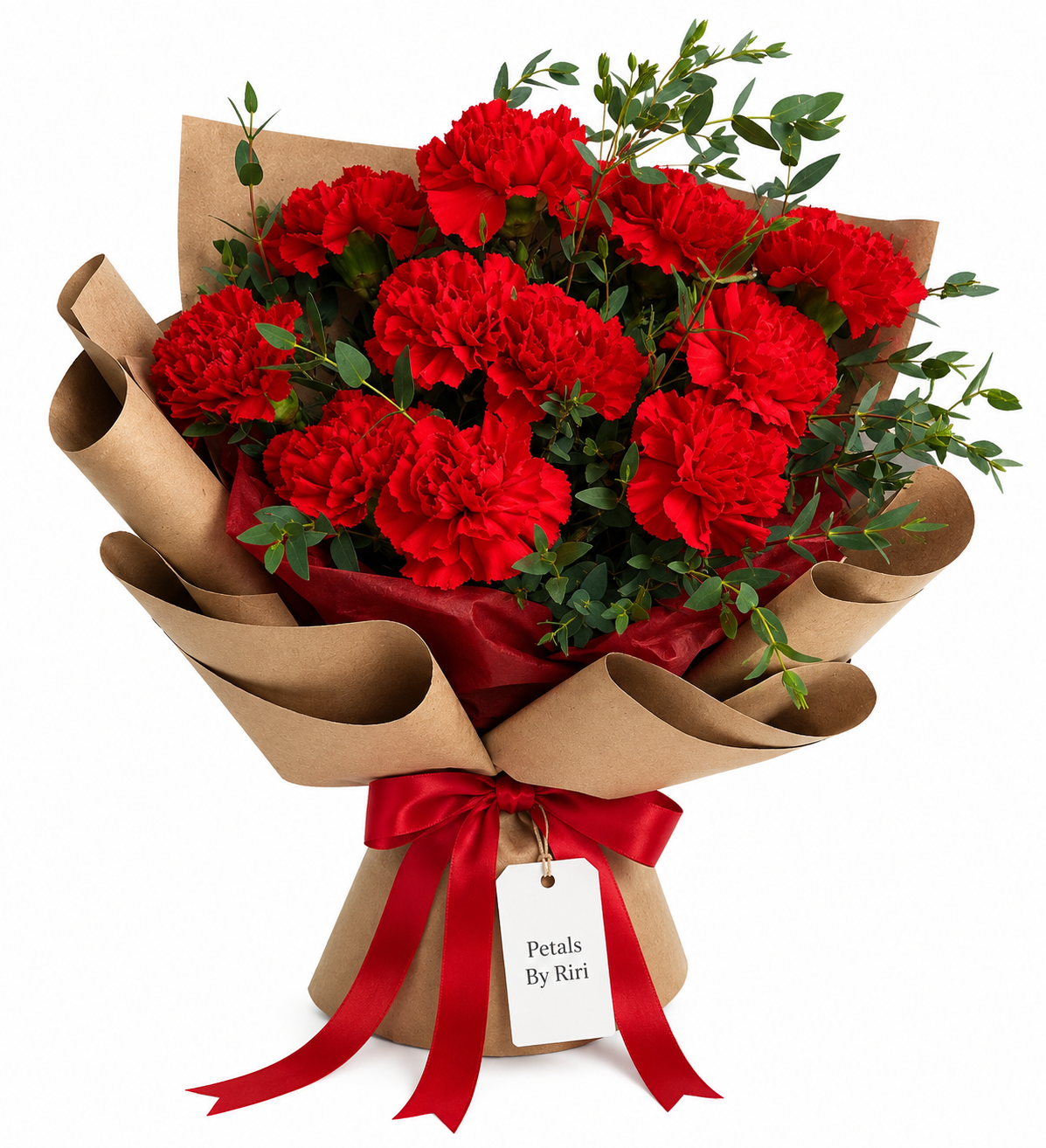 Red carnation bouquet wrapped in coffee brown paper with vibrant red satin ribbon by Petals By Riri