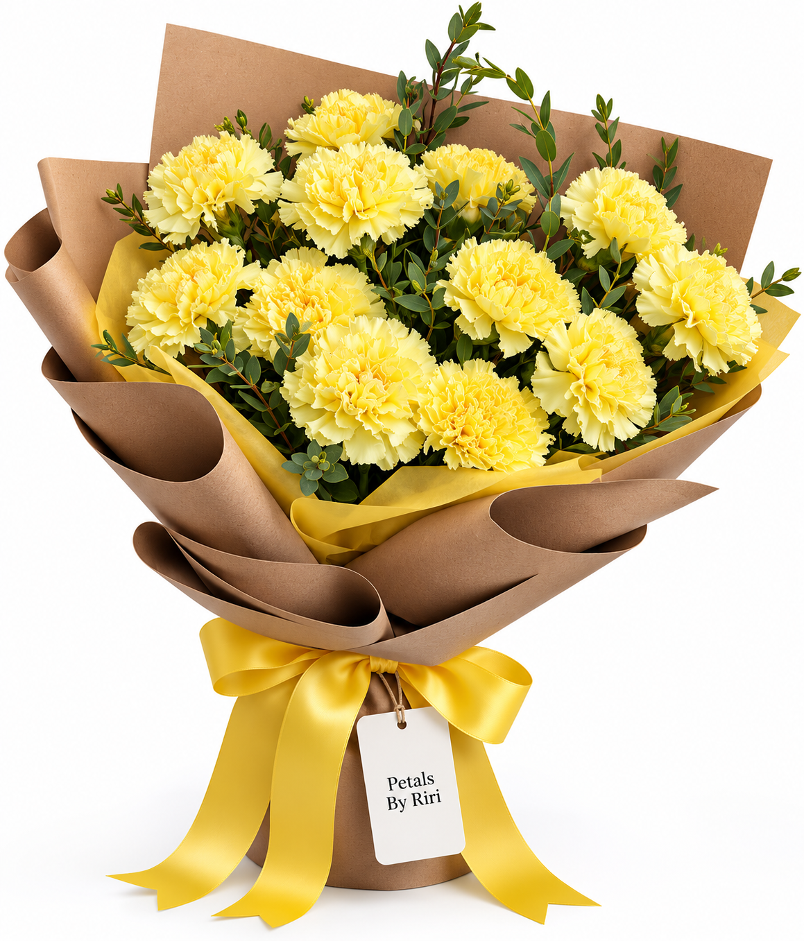 Yellow carnation bouquet wrapped in coffee brown paper with vibrant yellow satin ribbon by Petals By Riri