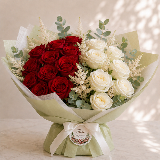 Velvet & Pearl luxury red and white rose bouquet – Petals by Riri Dubai